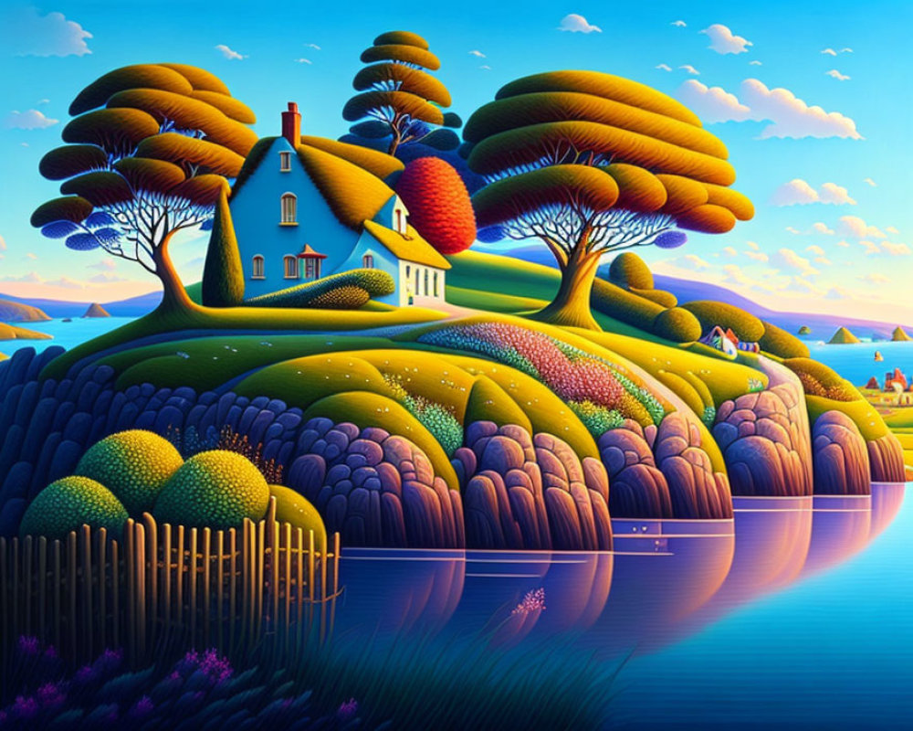 Colorful landscape with whimsical house, rolling hill, oversized trees, and serene lakeside setting