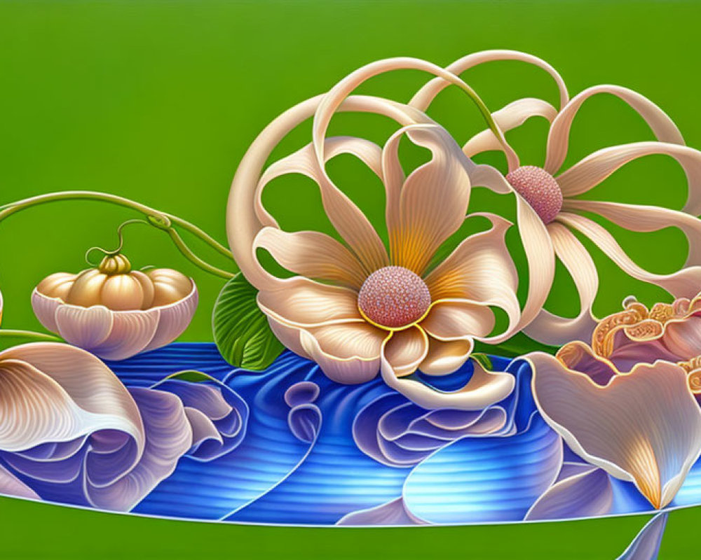 Colorful digital artwork of metallic flowers and leaves on green background