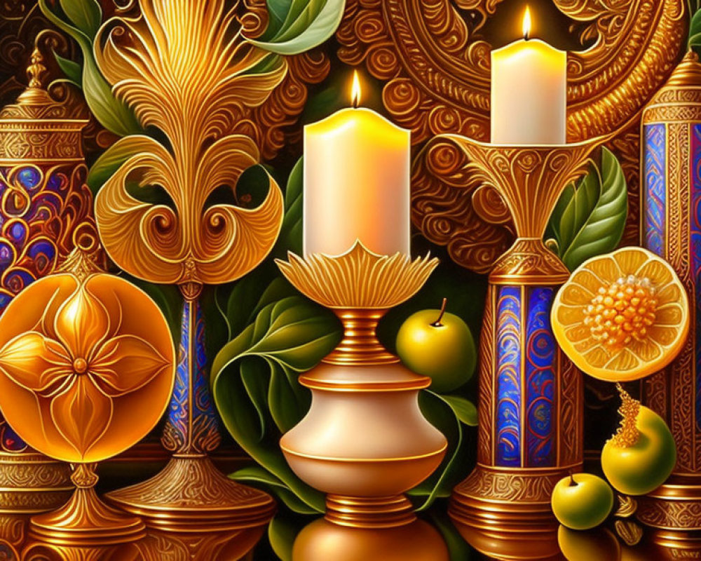 Elaborate Still Life with Candles, Fruit, and Intricate Decorations