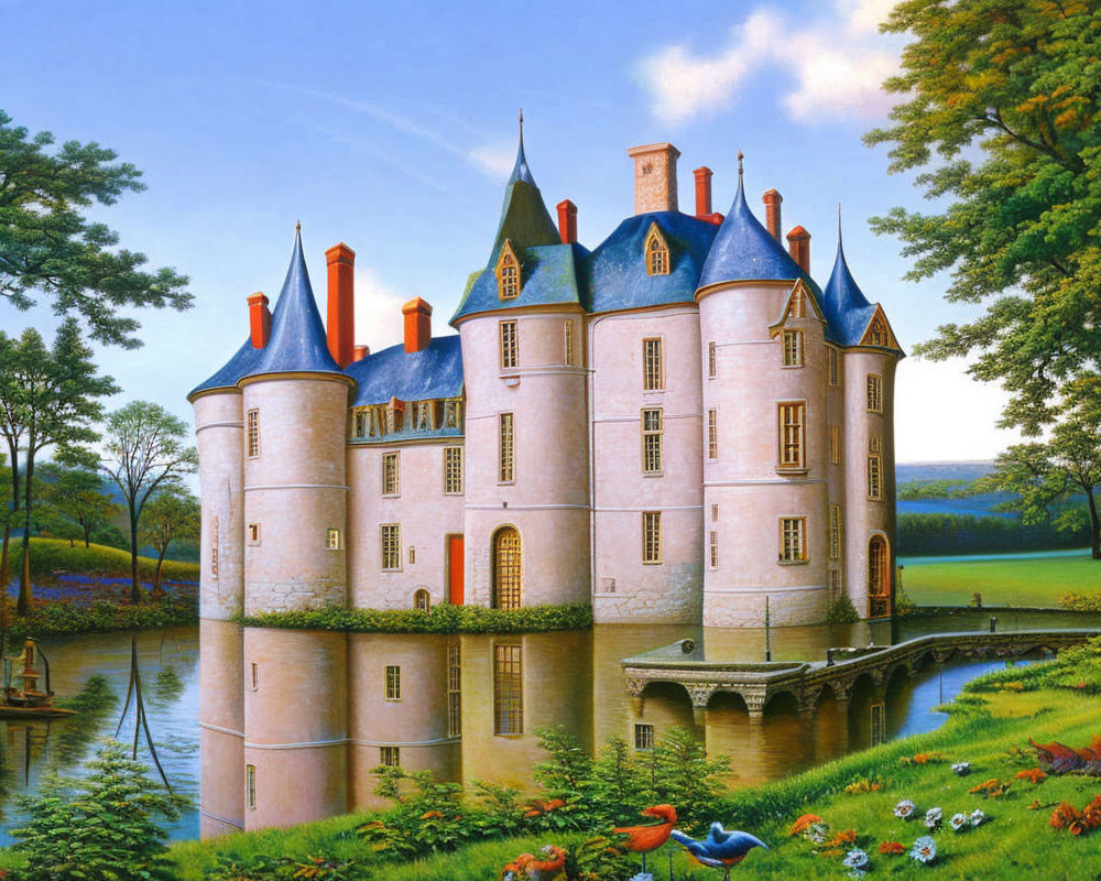 Classic Fairytale Castle Painting with Reflective Moat & Serene Greenery