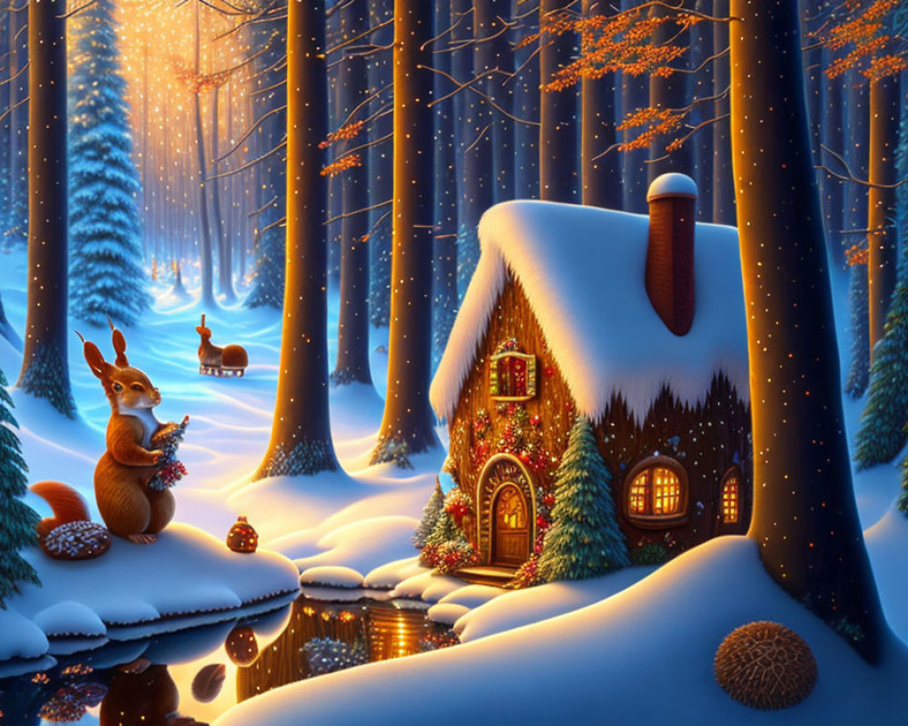 Snow-covered winter forest scene with cozy cottage, squirrel, and deer.