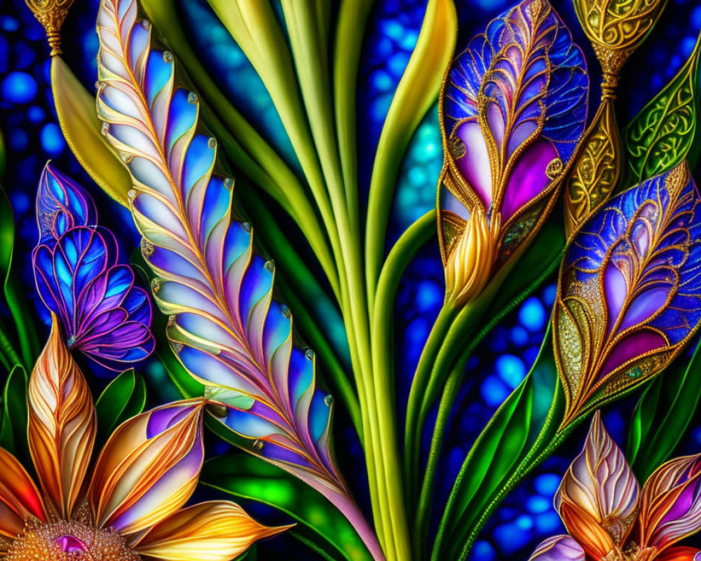 Colorful digital artwork featuring stylized flowers on mosaic blue background