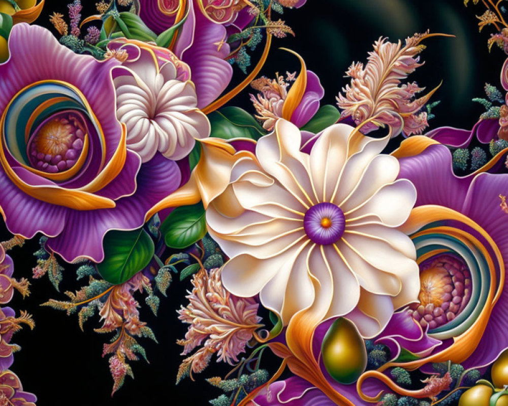 Detailed digital artwork of intricate purple and white fantasy flowers with golden accents