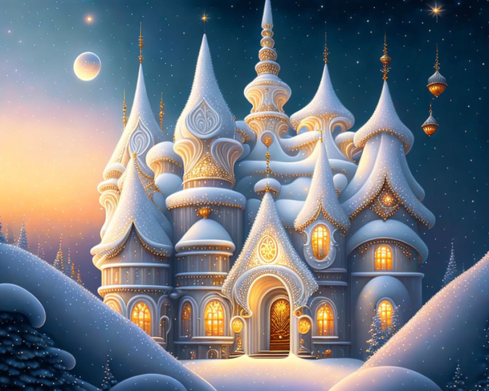 Enchanting castle with golden windows in snowy twilight landscape