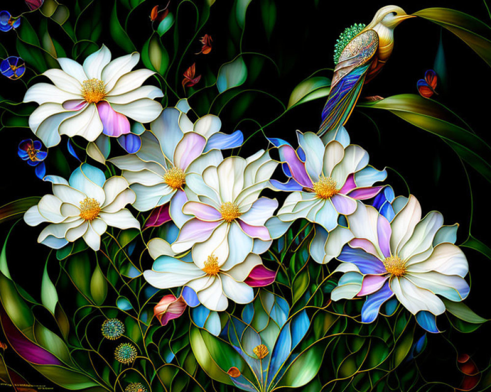 Colorful digital artwork: white flowers, greenery, peacock with intricate feathers on dark background