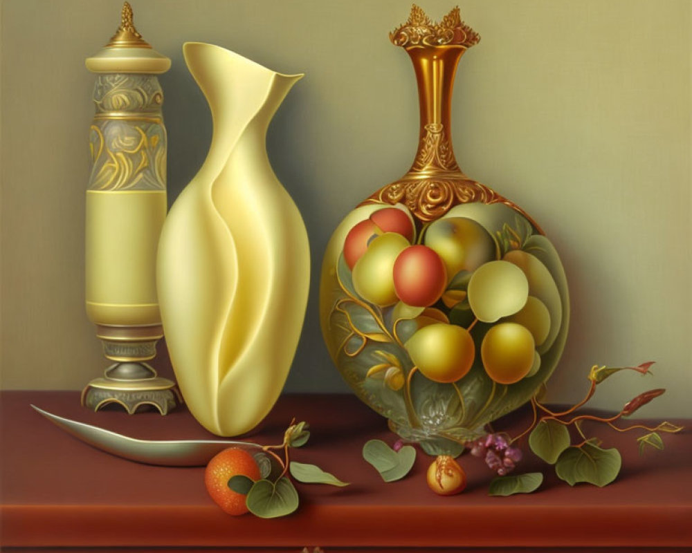 Golden design and crown top vases with fruits and ivy on polished wooden surface