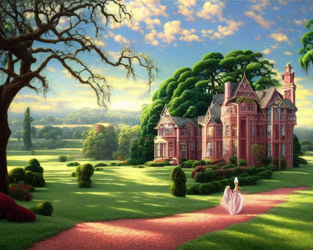 Woman in long dress walking to Victorian mansion in lush garden