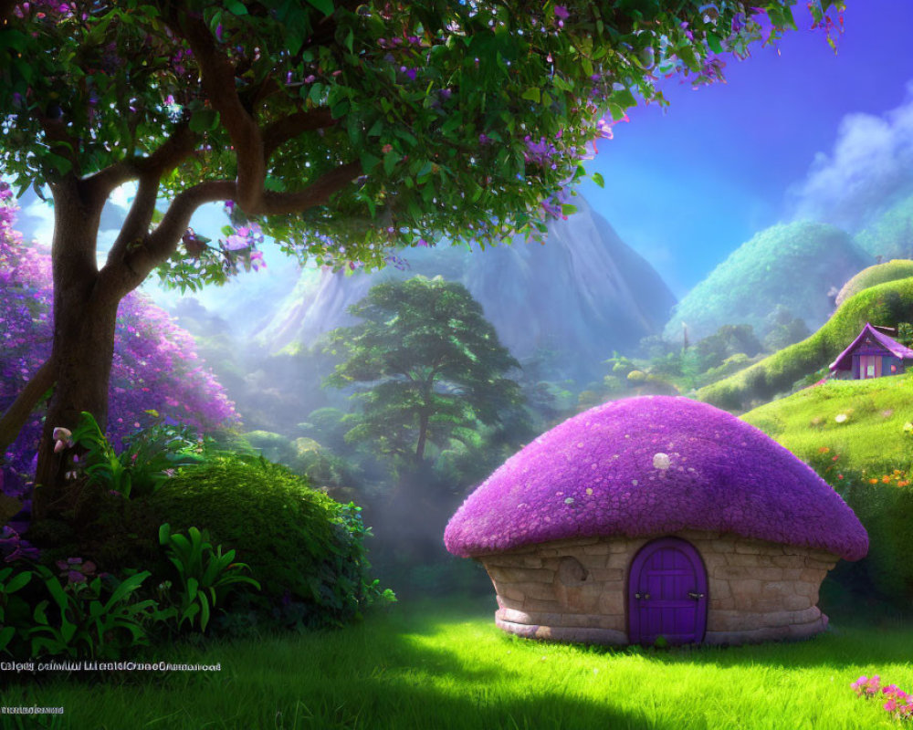 Digital artwork of vibrant landscape with fantasy cottages and misty mountains