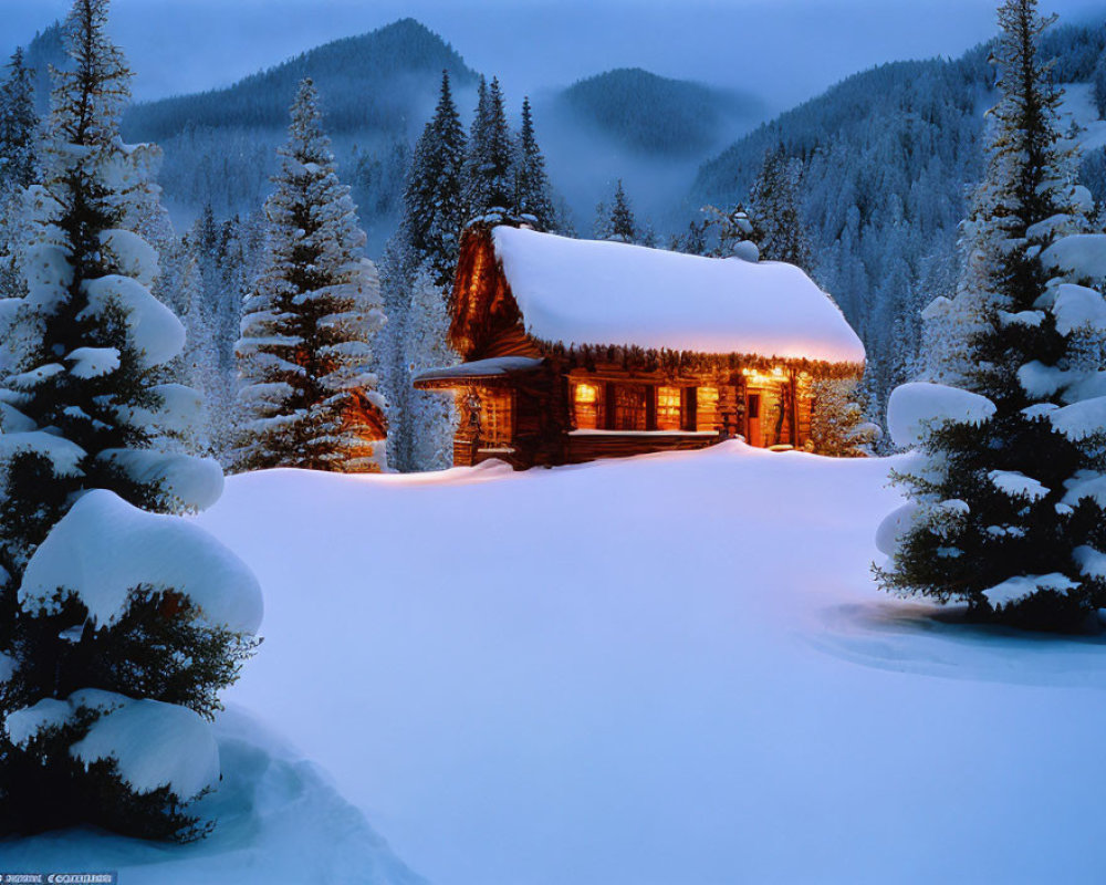 Snowy landscape with cozy lit cabin and pine trees at twilight