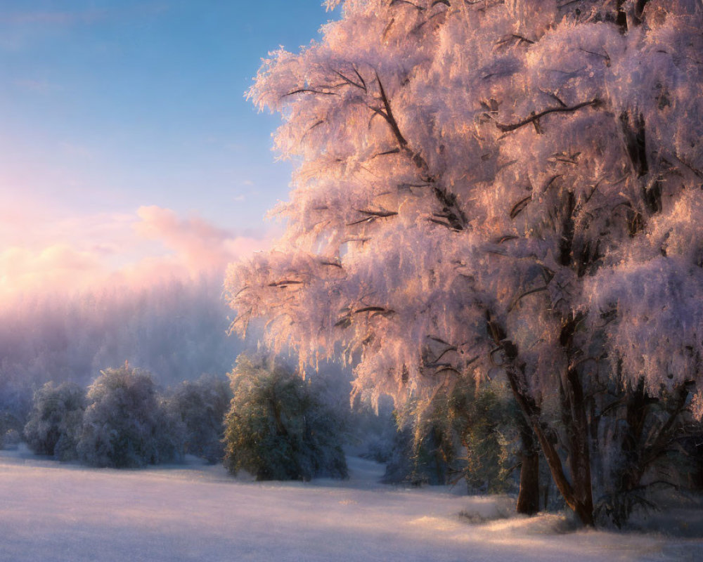 Frost-covered trees in warm sunrise light on snow-covered ground