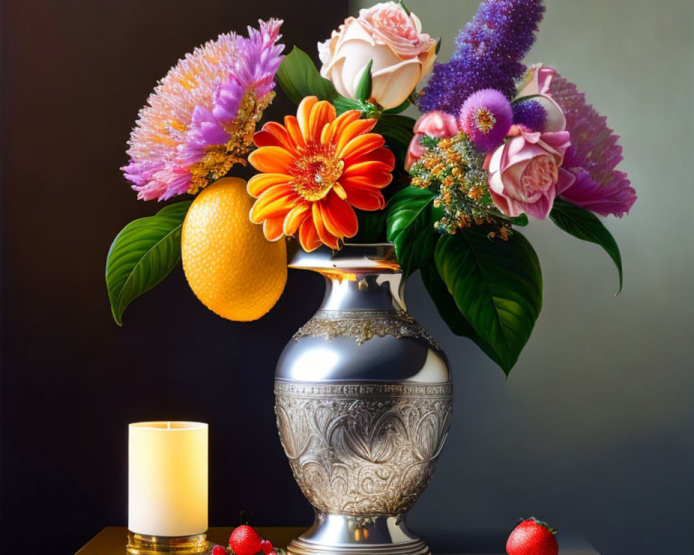 Colorful Still Life with Flowers, Candle, and Strawberries on Wooden Surface