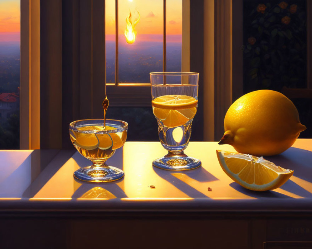 Two glasses of lemon-infused liquid at sunset windowsill with pouring stream, whole and sliced lemon.