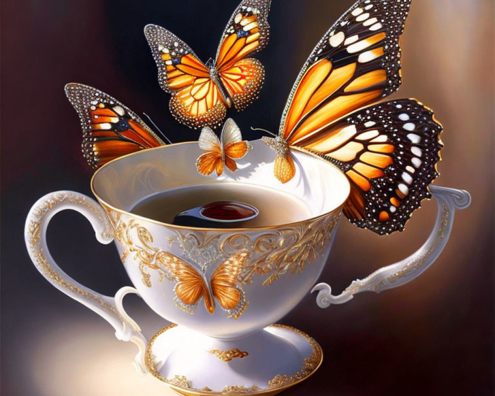 Vibrant Monarch Butterflies on White Teacup with Tea