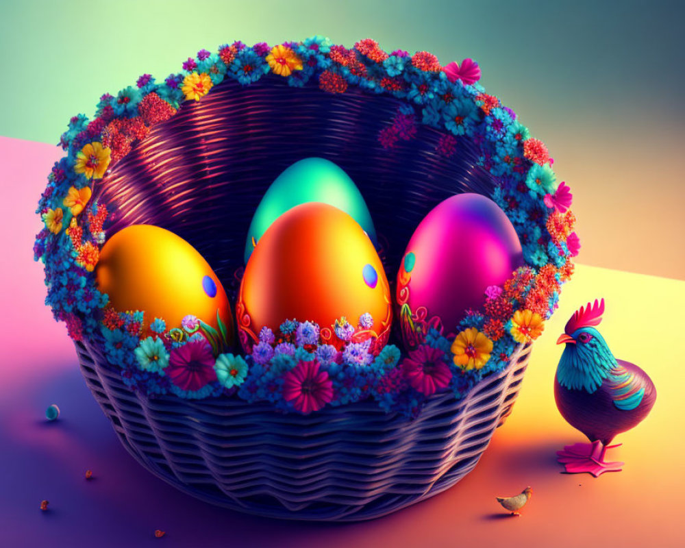 Vibrant Easter basket with eggs, flowers, and rooster