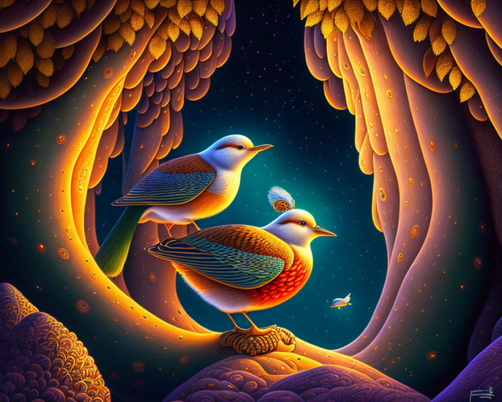 Stylized glowing birds in fantastical environment with swirling patterns