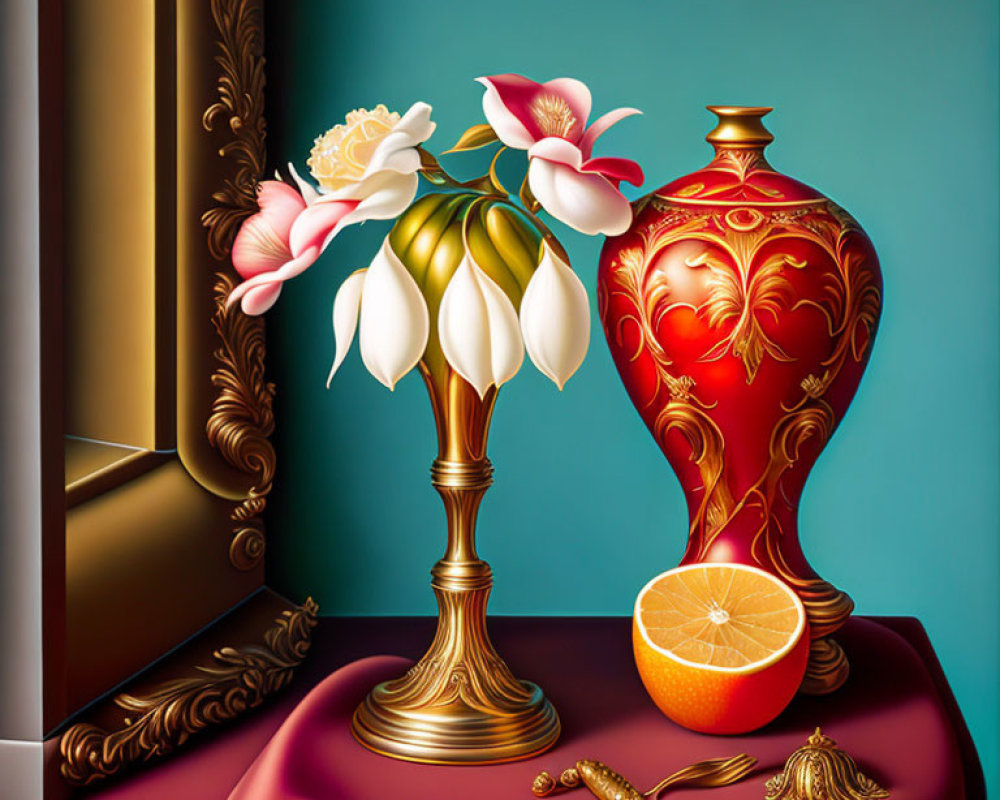 Still life painting: White flower, gold & red vases, sliced orange, gold cutlery