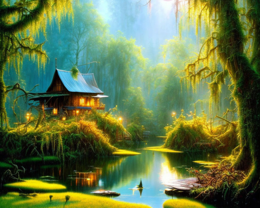 Tranquil forest river scene with traditional house and lush greenery