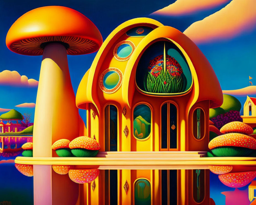 Colorful Surreal Mushroom-Shaped House Illustration with Whimsical Details