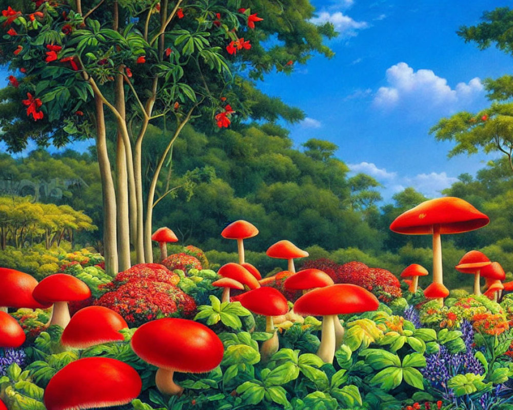 Colorful landscape with red-capped mushrooms, greenery, flowers, and tree under blue sky