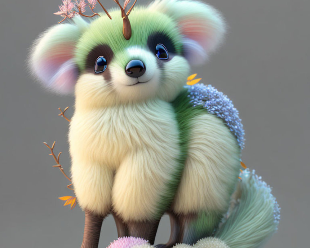 Fluffy creature with large ears, bushy tail, and tree-like antlers