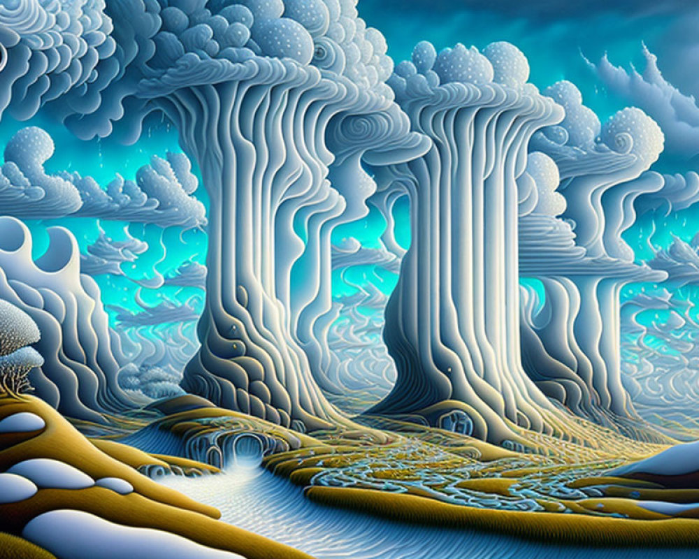 Surreal Landscape: Stylized Trees, Undulating Patterns, Blue-White Palette