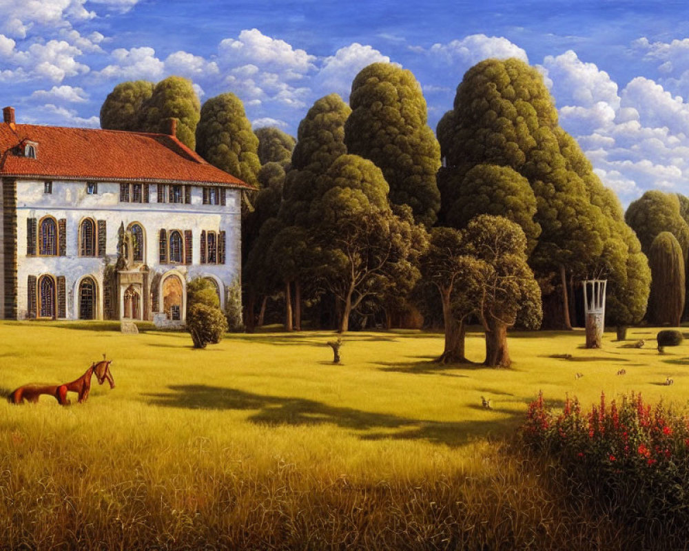 Tranquil landscape with classic house, trees, horse, and blue sky