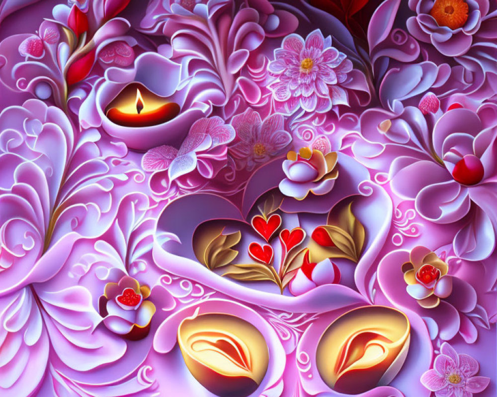 Detailed Floral Heart Pattern in Pink, Red, and Purple