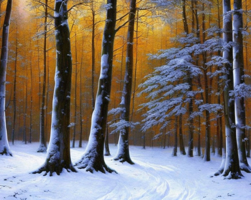 Snowy Forest Path with Tall Trees in Winter and Autumn Scene