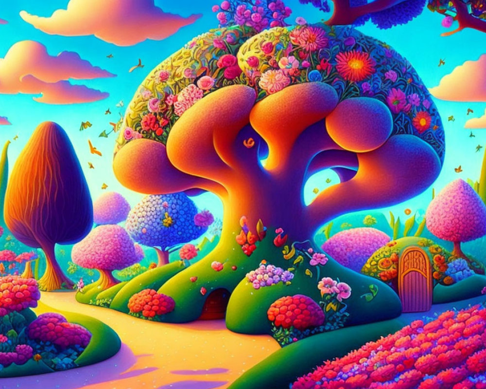 Colorful Fantasy Landscape with Oversized Mushrooms and Whimsical Trees