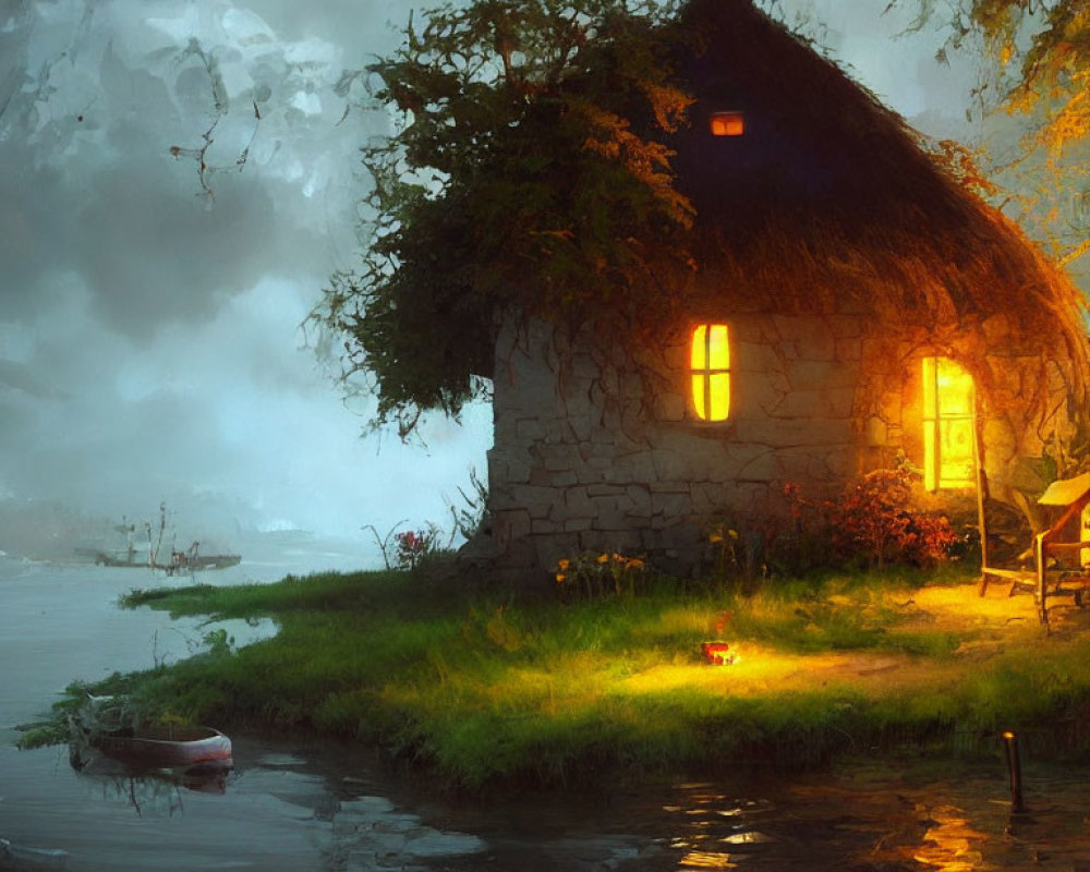Thatched Cottage by Misty Lake at Dusk with Glowing Lights