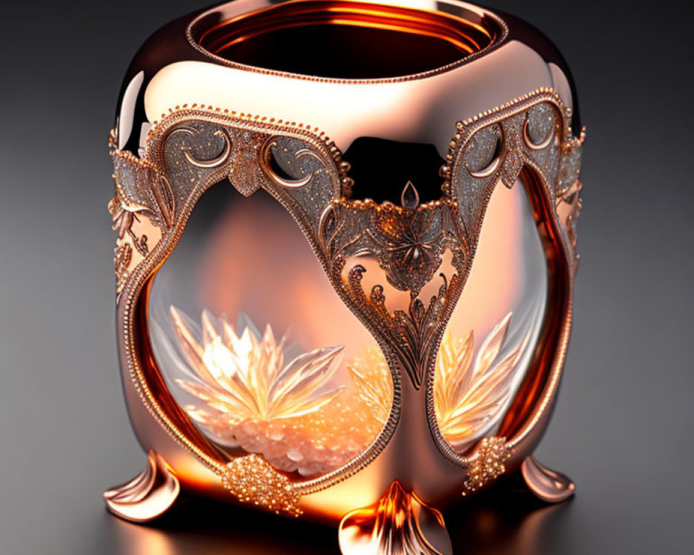 Ornate Golden Candle Holder with Intricate Designs and Warm Reflections