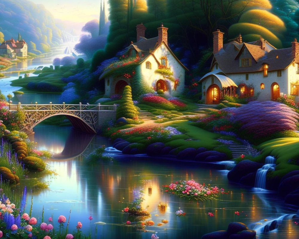 Tranquil fairytale landscape with cottages, gardens, river, bridge, and waterfall