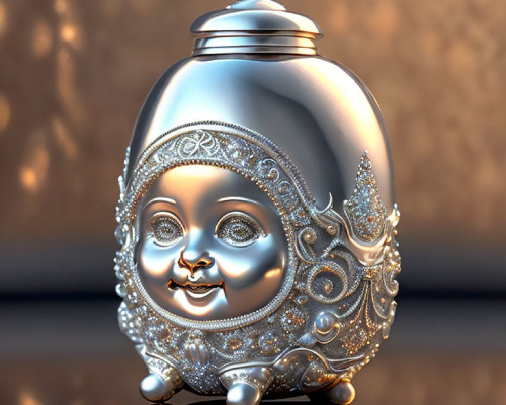 Intricately designed silver jar with baby's face and golden light reflection