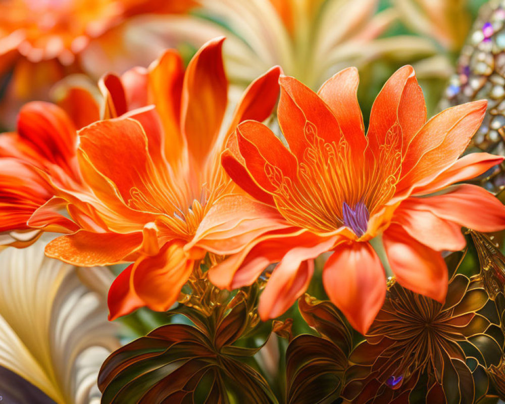 Detailed orange flower petals on warm patterned background