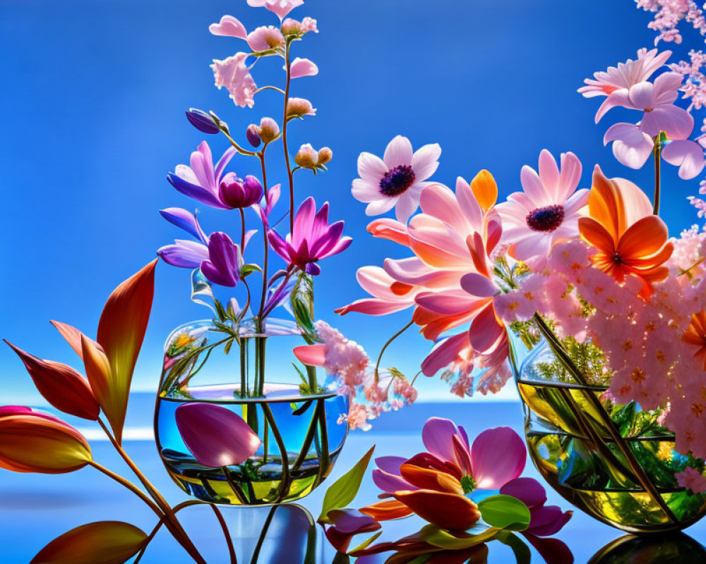 Colorful Flowers in Transparent Vases Under Blue Sky