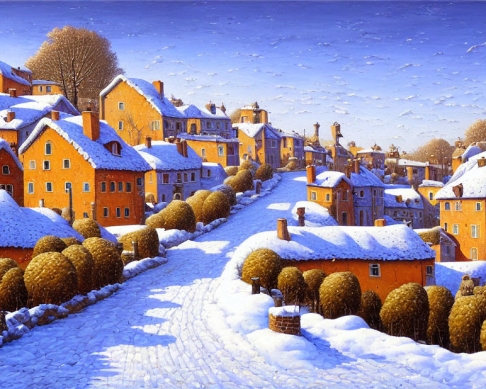 Snowy Winter Village with Orange-Roofed Houses and Snow-Covered Trees