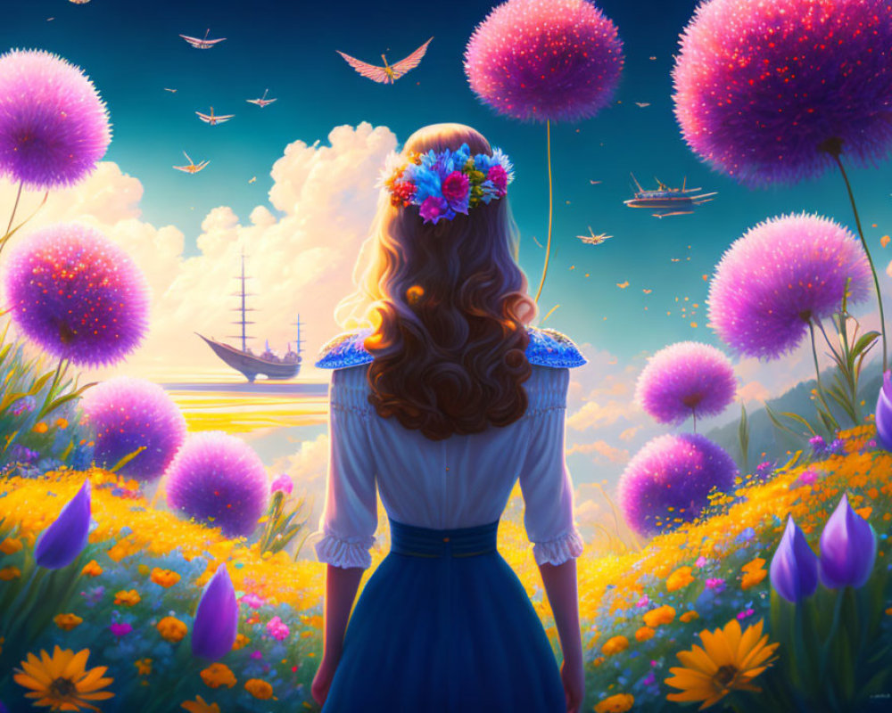 Woman in floral headband admires fantasy landscape with oversized flowers, sky ship, and colorful sunset.