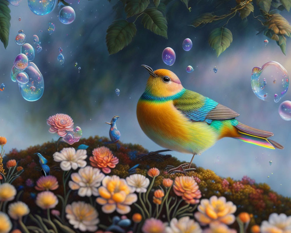 Colorful Bird Surrounded by Flowers and Bubbles