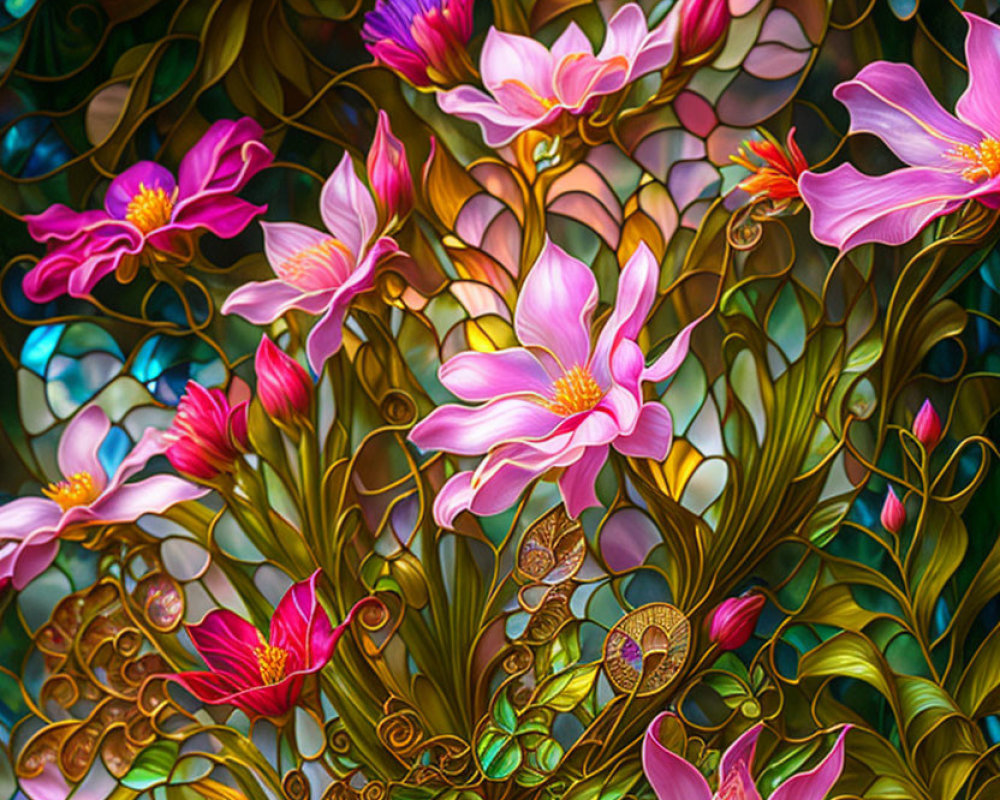 Colorful pink flowers with golden stems on mosaic background.