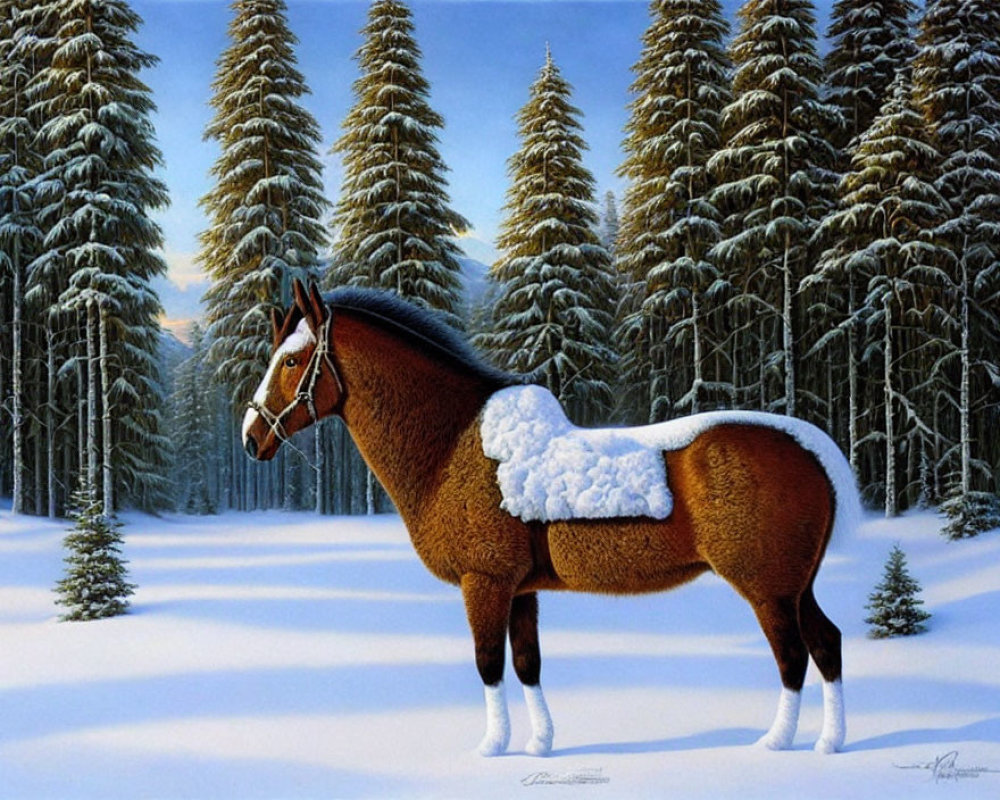 Snow-covered horse in winter forest with tall pine trees