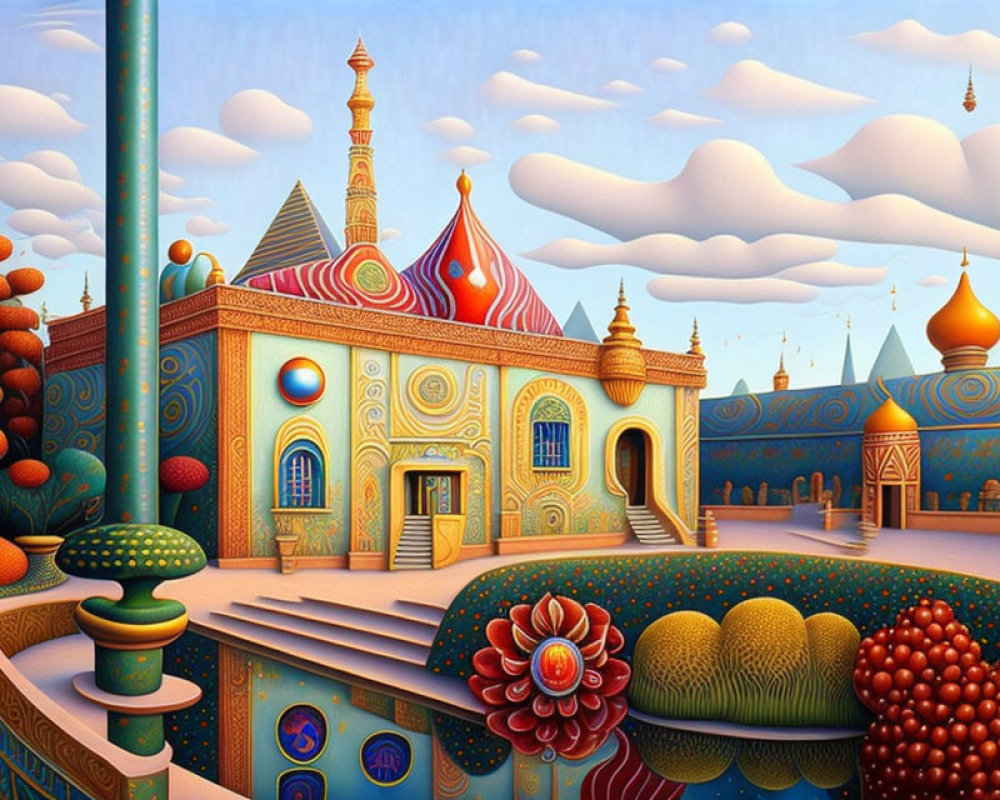 Colorful Stylized Architectural Landscape with Whimsical Flora