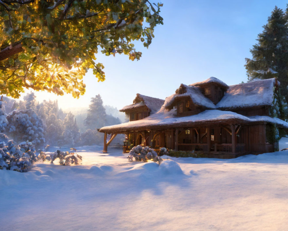 Snow-covered log cabin in frosty forest at sunrise