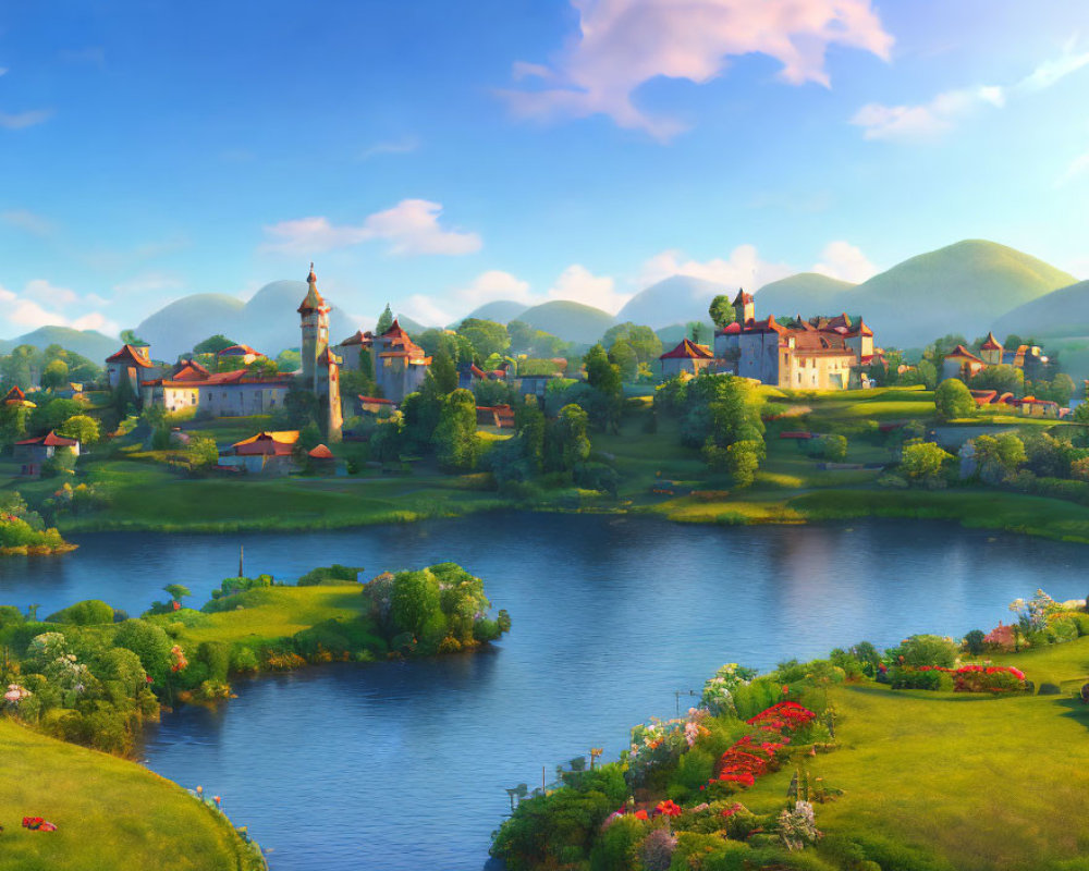 Tranquil animated village scene with church spire, green hills, river, and flowers