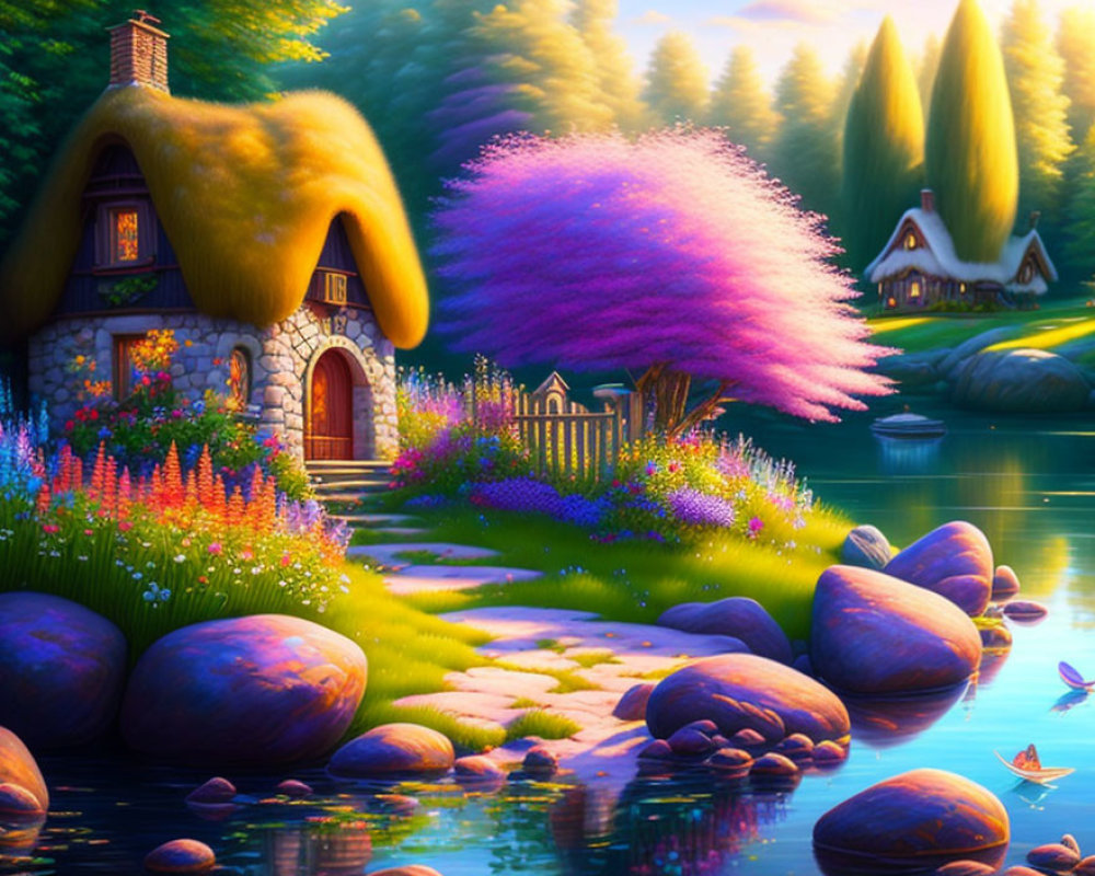 Colorful landscape with thatched-roof cottage, flowering trees, serene lake, lush foliage.