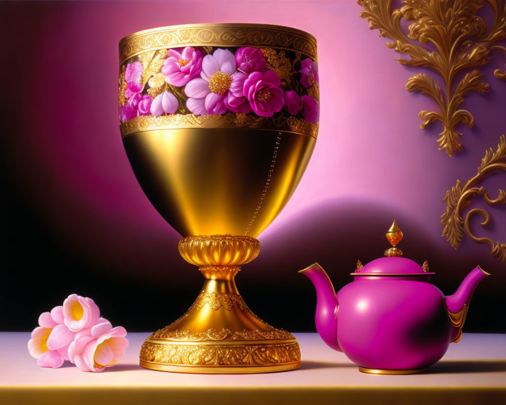 Luxurious Still Life: Gold & Purple Floral Chalice, Pink Teapot, Roses & Purpl