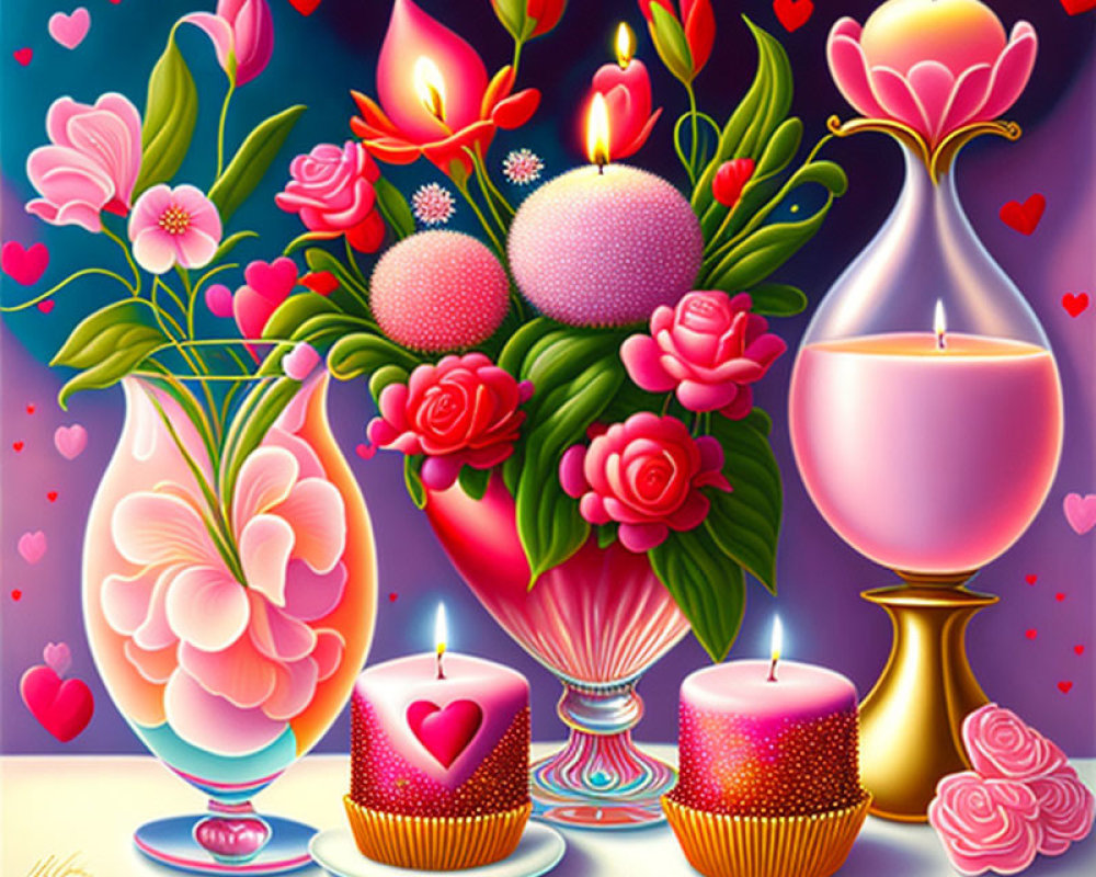 Vibrant romantic illustration with flowers, candles, hearts, and sandglass