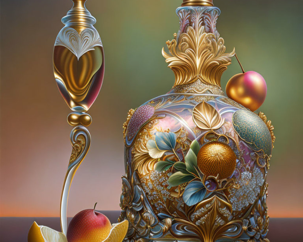 Golden ornate perfume bottle with intricate designs and tangerine on reflective surface