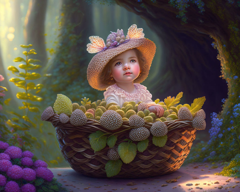 Toddler in Straw Hat Sitting in Wicker Basket Surrounded by Foliage in Forest