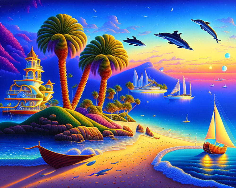 Colorful Seascape with Sailboats, Dolphins, Palm Trees, and Castle under Sunset Sky