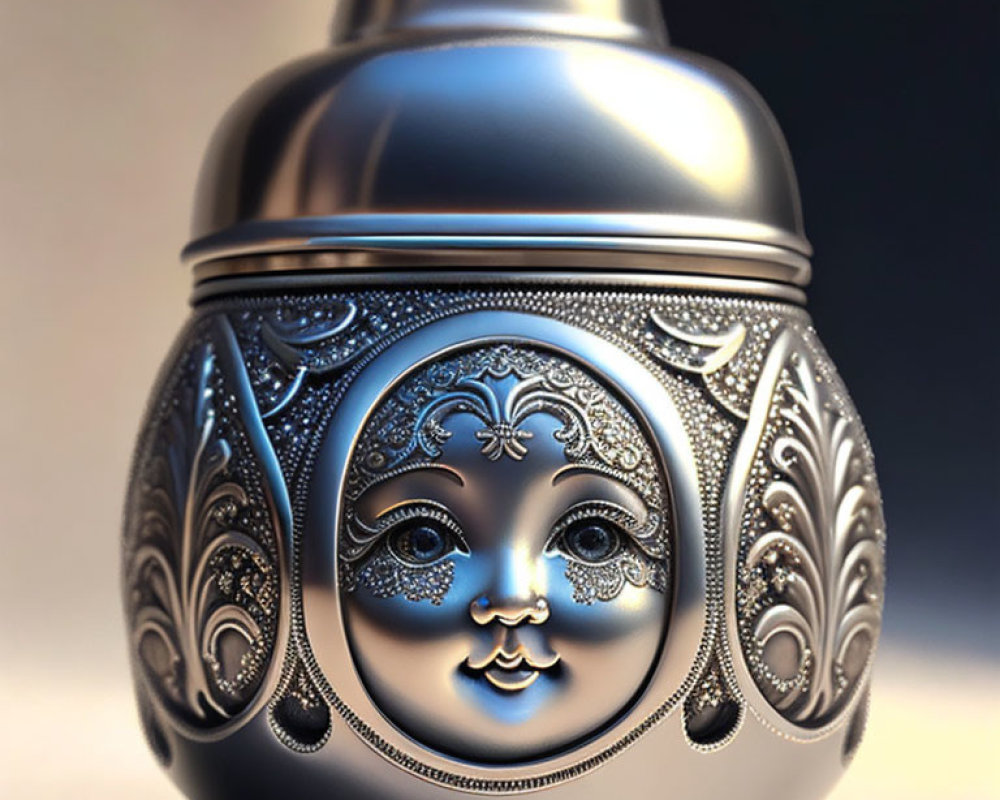 Russian Matryoshka Doll-Inspired Ornate Container with Embossed Face